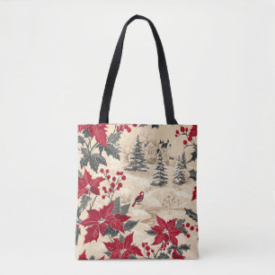 Bolsa Tote Padrão de Natal Rustic Bird and Poinsettia (12)
