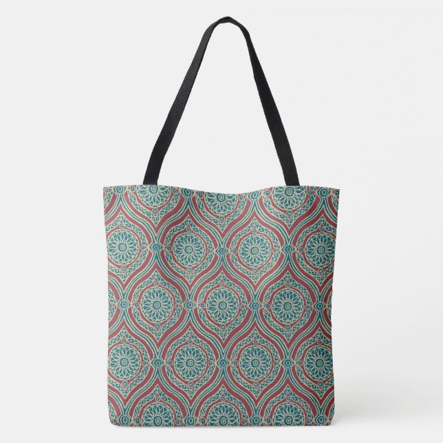 Bolsa Tote Padrão de Ogee Étnica Chic em Maroon, Teal e Beige (Verso)