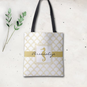 Bolsa Tote Padrão de Onda do Oceano Art Déco Cavalo-Marinho c