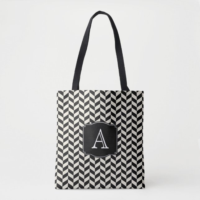 Bolsa Tote Padrão de osso do Herringbone preto e branco (Frente)