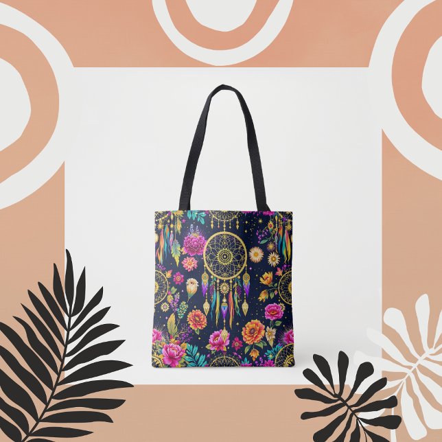 Bolsa Tote Padrão de ouro floral boêmico místico (Criador carregado)