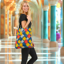 Bolsa Tote Padrão de Ouros Geométricos Vermelho, Amarelo e Az