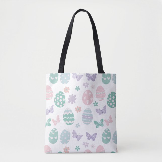 Bolsa Tote Padrão de Ovos de Páscoa e Borboletas de Pastel (Frente)