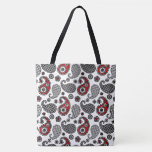 Bolsa Tote Padrão de Paisley, Preto, Branco e Vermelho