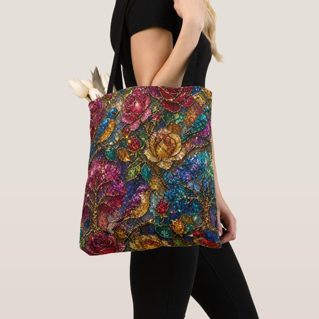 Bolsa Tote Padrão de Pássaros Florais da Galáxia (Close Up)
