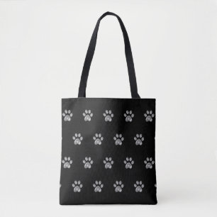Bolsa Tote Padrão de Pata Cinza em Preto