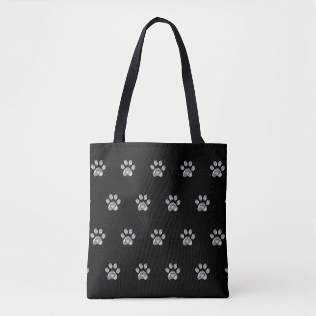 Bolsa Tote Padrão de Pata Cinza em Preto (Frente)