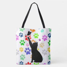 Bolsa Tote Padrão de Pata Fofa Gato Caçando uma Borboleta