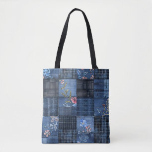 Bolsa Tote Padrão de Patchwork do Indigo Floral   Boho Denim