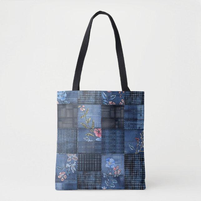 Bolsa Tote Padrão de Patchwork do Indigo Floral | Boho Denim (Frente)