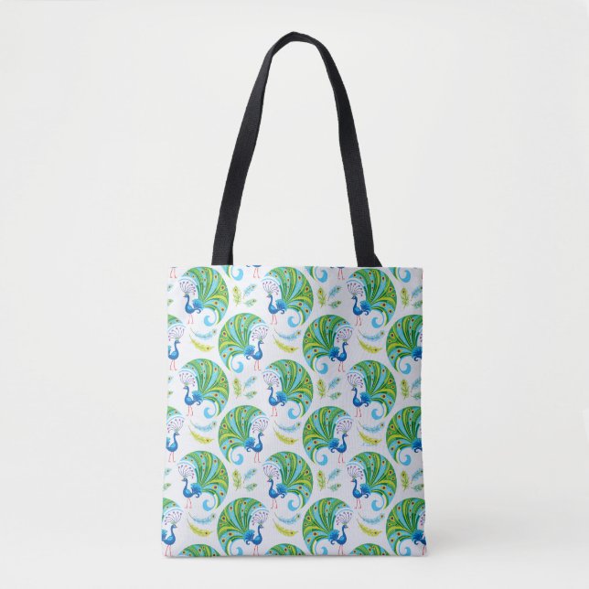 Bolsa Tote Padrão de Pavão e Penas (Frente)