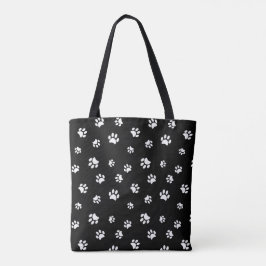 Bolsa Tote Padrão de Pegadas Brancas Fofas em Preto