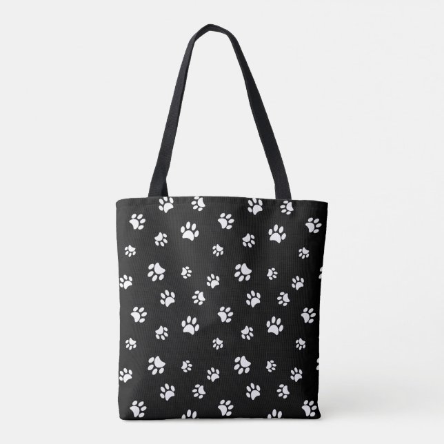 Bolsa Tote Padrão de Pegadas Brancas Fofas em Preto (Verso)