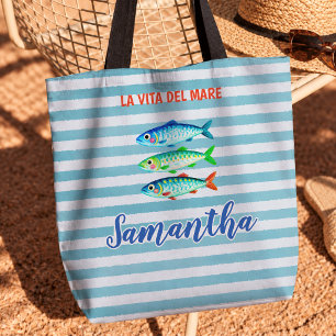 Bolsa Tote Padrão de Peixe Colorido Listrado de Menta Náutica