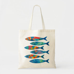 Bolsa Tote Padrão de Peixes Geométricos Coloridos em Aquarela
