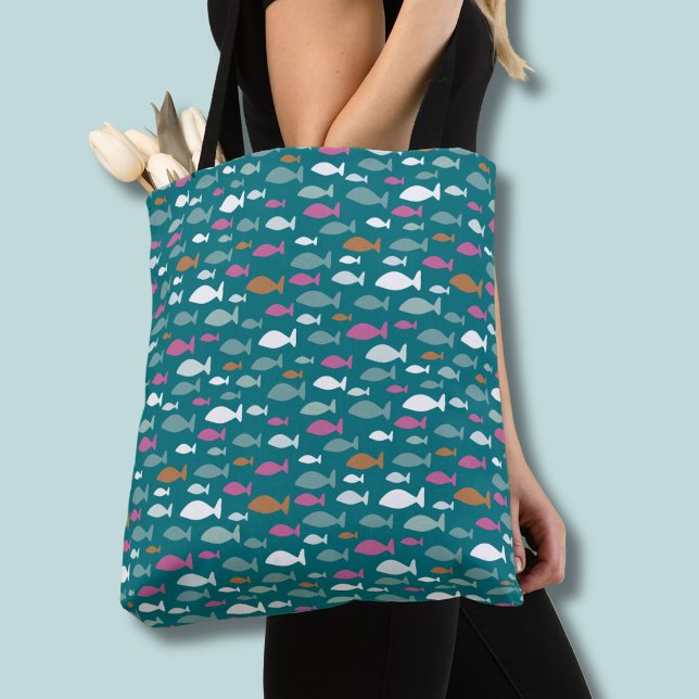 Bolsa Tote Padrão de peixes para crianças (Fish Shoal green tote bag)
