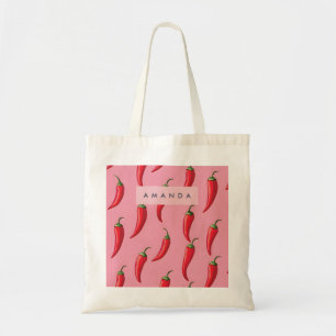 Bolsa Tote Padrão de Pimenta Vermelha Picante em Fundo Rosa