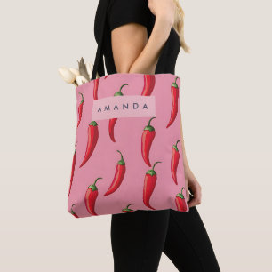 Bolsa Tote Padrão de Pimenta Vermelha Picante em Fundo Rosa