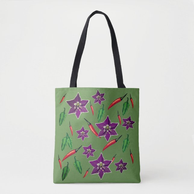 Bolsa Tote Padrão de pimentões verdes e vermelhos (Frente)