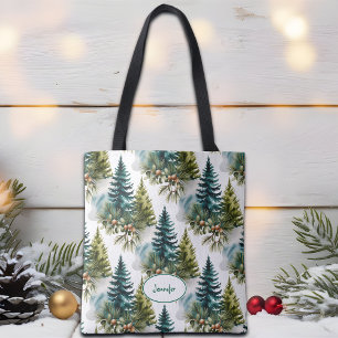 Bolsa Tote Padrão de pinheiro aquarela elegante inverno