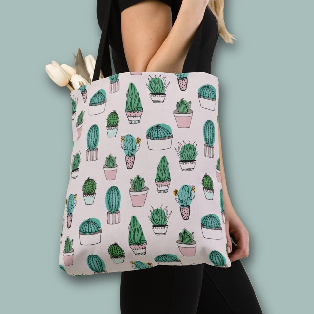 Bolsa Tote Padrão de planta em vaso de cactos suculentos (Cacti Cactus Potted Plants all over print tote bag)
