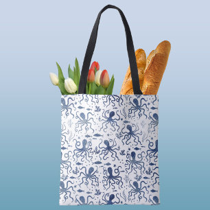 Bolsa Tote Padrão de polvo submarino em aquarela azul costeir