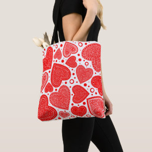 Bolsa Tote Padrão de Pontos e Corações Vermelhos do rico