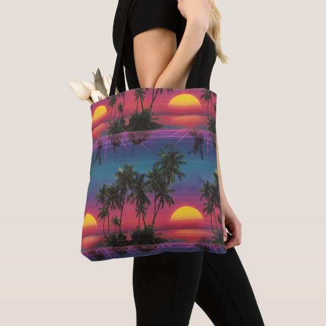 Bolsa Tote Padrão de pôr do sol de palmeira Synthwave retrô (Close Up)