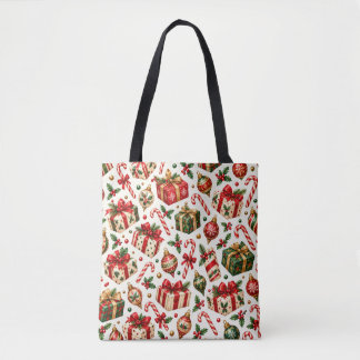 Bolsa Tote Padrão de Presentes e Enfeites de Natal em Aquarel