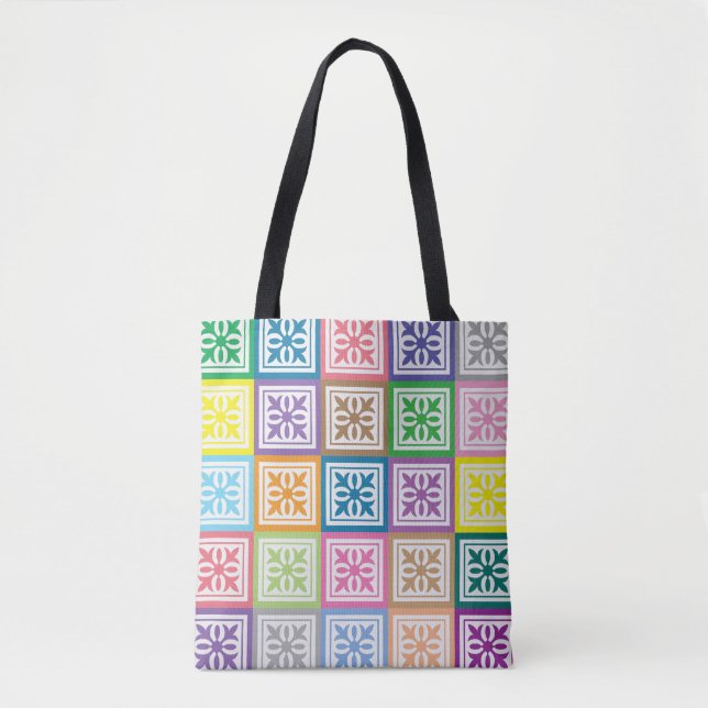 Bolsa Tote Padrão de quadrados coloridos (Frente)
