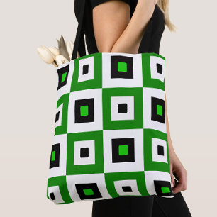 Bolsa Tote Padrão de Quadrados Xadrez Verde Preto e Branco