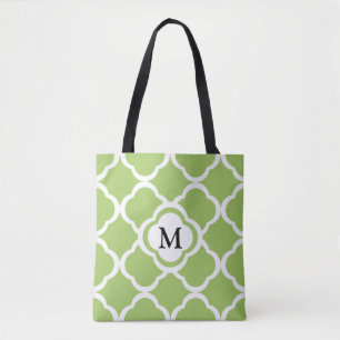 Bolsa Tote Padrão de Quatrefoil Verde Monograma Elegante