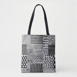 Bolsa Tote Padrão de rabisco sem costura preto e branco. Des
