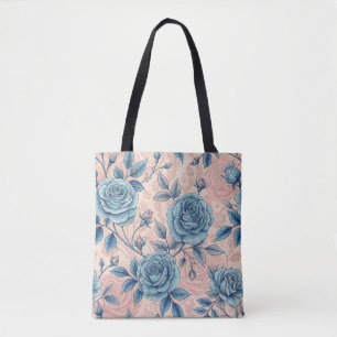 Bolsa Tote Padrão de Rosa Azul Retroativo no Fundo Cor-de-Ros
