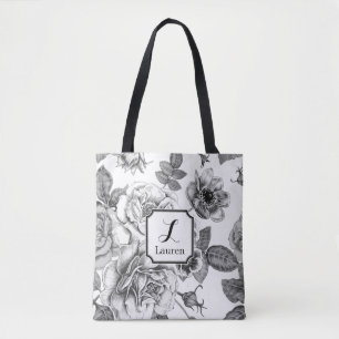 Bolsa Tote Padrão de Rosa Preta e Branca
