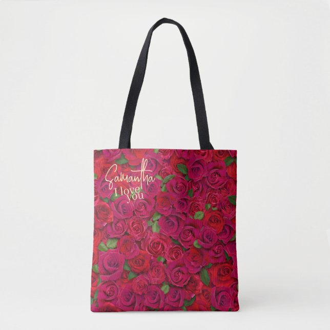 Bolsa Tote Padrão de Rosa Vermelha Intensa Eu Te Amo Com Nome (Frente)