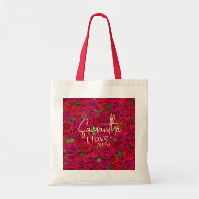 Bolsa Tote Padrão de Rosa Vermelha Intensa Eu Te Amo Com Nome (Frente)