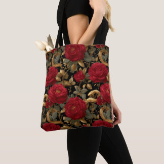 Bolsa Tote Padrão de Rosas Vermelhas e Cobras Douradas