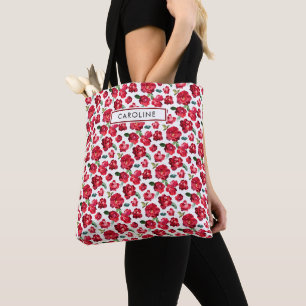 Bolsa Tote Padrão de Rosas Vermelhas Vibrantes Femininas Nome