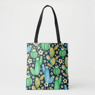 Bolsa Tote Padrão de safra com suculentos. Cacto de aquarela