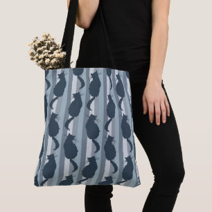 Bolsa Tote Padrão de Silhueta de Gato Azul-Marinho com Listra