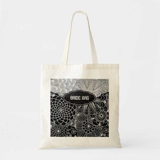 Bolsa Tote Padrão de Sombreamento de Linha Floral Branco e Pr (Frente)