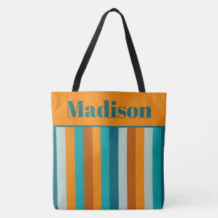 Bolsa Tote Padrão de Stripe Laranja Cheio Aqua Personalizado