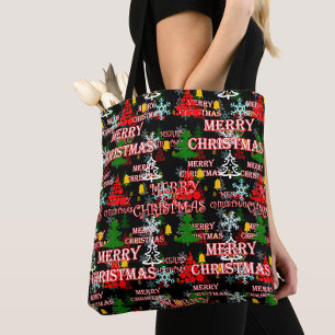 Bolsa Tote Padrão de texto decorativo Feliz Natal Design