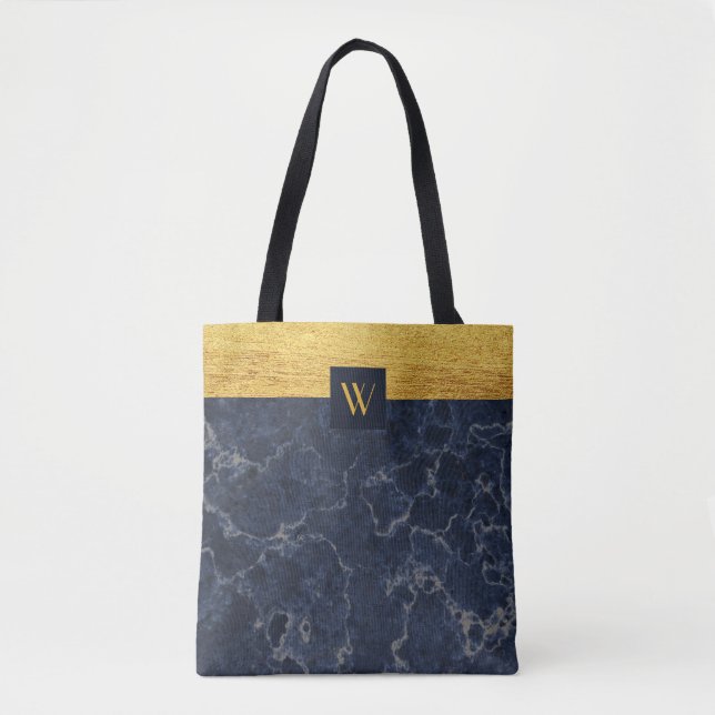 Bolsa Tote Padrão de Textura Azul e Mármore Falso com Dourado (Frente)