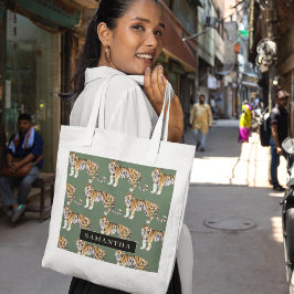 Bolsa Tote Padrão De Tigres De Aquarela Verde Tropical Com No