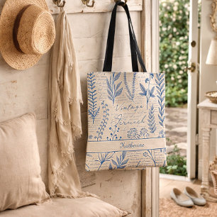 Bolsa Tote Padrão de Toile Francês de Flor Silvestre Azul Vin