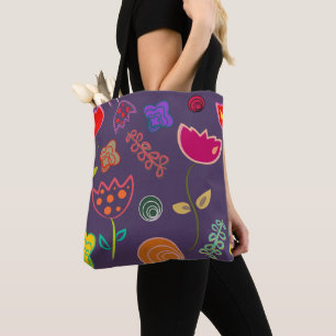 Bolsa Tote Padrão de Tulipa Funky Roxo