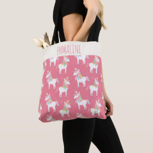 Bolsa Tote Padrão de Unicórnio Cor-de-Rosa Cute Personalizado