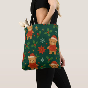 Bolsa Tote Padrão de Ursinho de Natal – Festa Verde Fofa de N